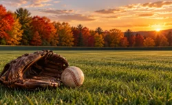 紅葉した木々と夕日を背にした外野の芝生に置かれたグラブと硬式球