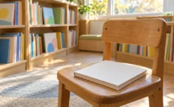 午後の光が差す図書館の児童書コーナーと木の書棚