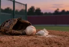 夕暮れのブルペンのマウンドに置かれた野球ボールとグラブ