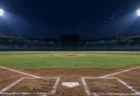 ナイター照明に照らされた夜の野球場のホームベース付近