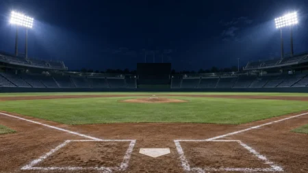 ナイター照明に照らされた夜の野球場のホームベース付近
