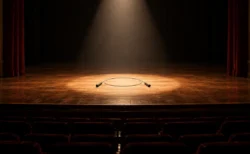 客席から見た誰もいない劇場のステージ。スポットライトの光の中に、なわとびの縄が1本置かれている