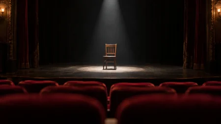 スポットライトが当たる無人の舞台に木の椅子が1脚置かれ、手前に赤い客席が並ぶ小劇場