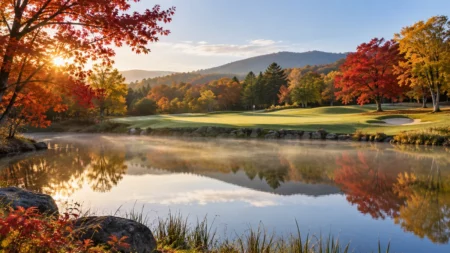 秋の朝のゴルフコースの池越しのグリーンと紅葉
