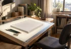 窓辺の光が差す作画机に置かれた鉛筆と白い作画用紙