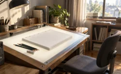 窓辺の光が差す作画机に置かれた鉛筆と白い作画用紙