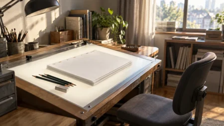窓辺の光が差す作画机に置かれた鉛筆と白い作画用紙