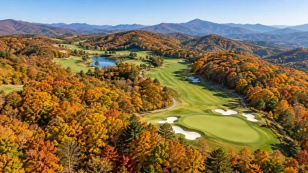 紅葉の森に囲まれた丘陵のゴルフコースを上空から見たフェアウェーとバンカー