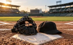 朝の光が差す無人の野球場のホームベースに置かれた審判用マスクと帽子