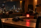 夜のラジオスタジオの卓上マイクとオンエアランプ