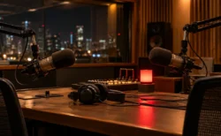 夜のラジオスタジオの卓上マイクとオンエアランプ