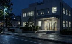 夜の警察署の建物の外観