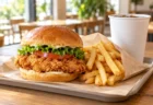 木のテーブルに置かれたフライドチキンのバーガーとポテト