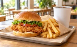 木のテーブルに置かれたフライドチキンのバーガーとポテト