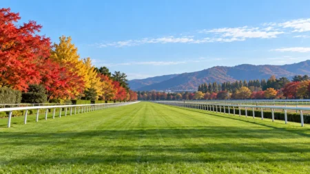 秋の朝、紅葉に囲まれた競馬場の芝コースと直線のラチ