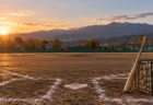 秋の夕方の高校野球グラウンドに置かれたノックバットとボールかご