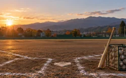 秋の夕方の高校野球グラウンドに置かれたノックバットとボールかご