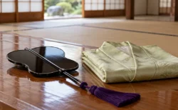 木の床に置かれた、房の付いた漆塗りの軍配と、たたまれた淡い緑の絹の着物