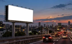 高速道路沿いに立つ大きな屋外看板と夕方の空