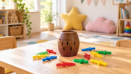 子ども部屋のテーブルに置かれた木のタルと色とりどりの短剣型のスティック