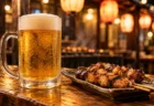 焼き鳥と泡の立つビールジョッキが並ぶ居酒屋のカウンター