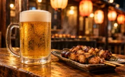 焼き鳥と泡の立つビールジョッキが並ぶ居酒屋のカウンター