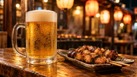 焼き鳥と泡の立つビールジョッキが並ぶ居酒屋のカウンター
