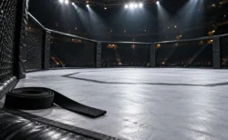 スポットライトに照らされた無人の格闘技ケージと、マットの端に置かれた黒帯
