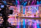 深夜のテレビスタジオに並ぶカラフルな照明とカメラ