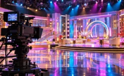 深夜のテレビスタジオに並ぶカラフルな照明とカメラ