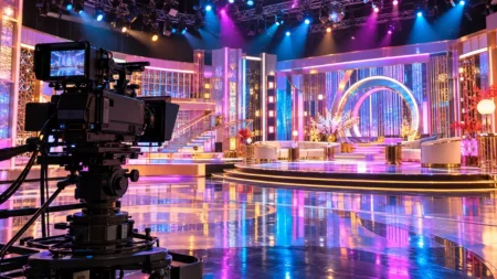 深夜のテレビスタジオに並ぶカラフルな照明とカメラ