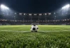 夜のスタジアムのピッチに置かれたサッカーボール