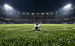 夜のスタジアムのピッチに置かれたサッカーボール