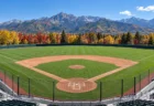 秋晴れの空の下、色づいた木々と山並みを背にした大学の野球場の全景