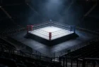 照明が落ちたアリーナの中央で青白いスポットライトを浴びる無人のキックボクシングのリング