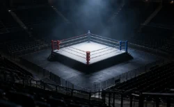 照明が落ちたアリーナの中央で青白いスポットライトを浴びる無人のキックボクシングのリング