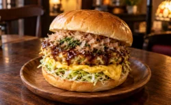 喫茶店の木のテーブルに置かれた、お好み焼とキャベツ、オムレツを挟んだバーガー