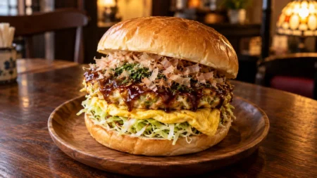 喫茶店の木のテーブルに置かれた、お好み焼とキャベツ、オムレツを挟んだバーガー