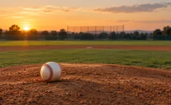 夕日に照らされた野球場のマウンドに置かれた硬式野球ボール