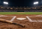ナイター照明に照らされた球場のバッターボックスと本塁