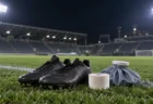 ナイター照明に照らされたサッカー場の芝生に、スパイクとテーピング用テープ、氷のうが置かれている