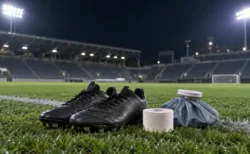 ナイター照明に照らされたサッカー場の芝生に、スパイクとテーピング用テープ、氷のうが置かれている