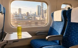朝の新幹線の車内、窓側と通路側の座席が並び窓の外を都市の景色が流れる