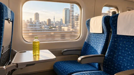 朝の新幹線の車内、窓側と通路側の座席が並び窓の外を都市の景色が流れる