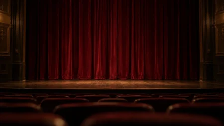照明を落とした無人の劇場で、木の舞台に下りた深紅の幕
