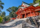 晴れた青空の下、朱塗りの神社社殿と石段