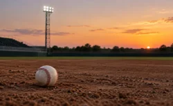 夕暮れの野球場の内野に置かれた硬式野球ボール