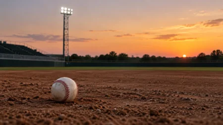 夕暮れの野球場の内野に置かれた硬式野球ボール