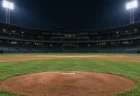 夜のナイター照明に照らされた無人の野球場のマウンドと内野