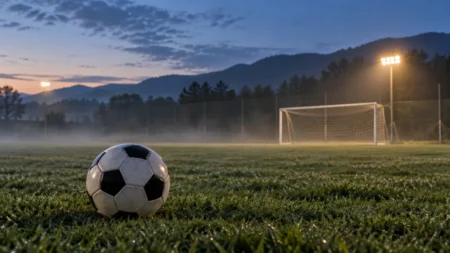 夜明け前の練習グラウンドの芝に置かれたサッカーボールと照明に照らされたゴール